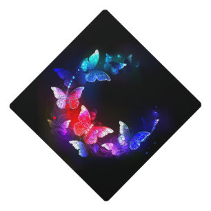Glowing Neon Night Butterflies on Black background Graduation Cap Topper