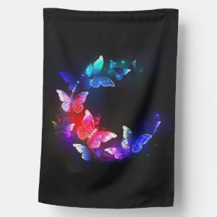Glowing Neon Night Butterflies on Black background House Flag