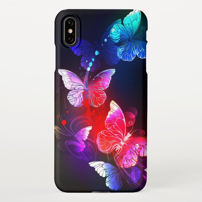 Glowing Neon Night Butterflies on Black background iPhone Case (Back)