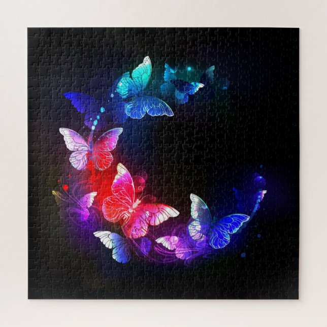 Glowing Neon Night Butterflies on Black background Jigsaw Puzzle (Vertical)