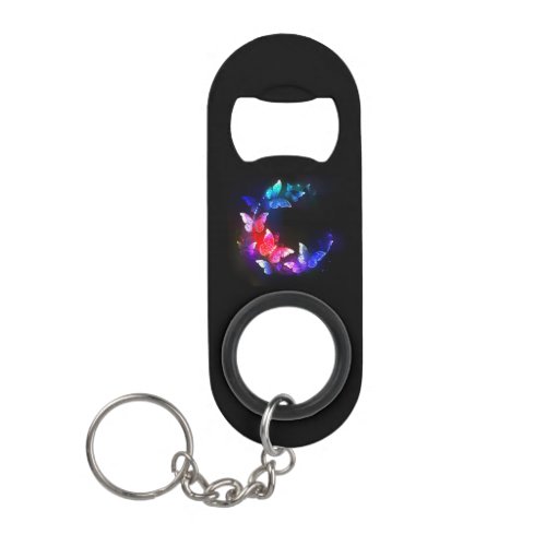 Glowing Neon Night Butterflies on Black background Keychain Bottle Opener