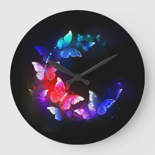 Glowing Neon Night Butterflies on Black background Large Clock