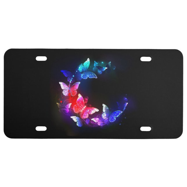 Glowing Neon Night Butterflies on Black background License Plate (Front)