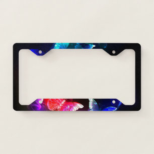 Glowing Neon Night Butterflies on Black background License Plate Frame
