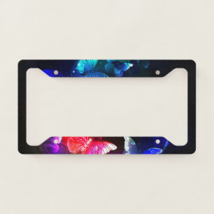 Glowing Neon Night Butterflies on Black background License Plate Frame