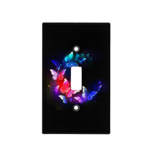 Glowing Neon Night Butterflies on Black background Light Switch Cover
