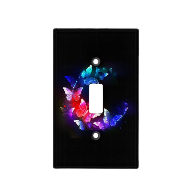 Glowing Neon Night Butterflies on Black background Light Switch Cover (Front)