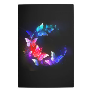 Glowing Neon Night Butterflies on Black background Metal Print