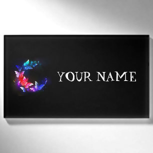 Glowing Neon Night Butterflies on Black background Name Tag