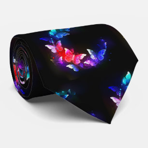 Glowing Neon Night Butterflies on Black background Neck Tie
