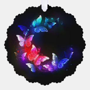 Glowing Neon Night Butterflies on Black background Ornament Card