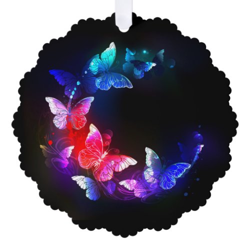 Glowing Neon Night Butterflies on Black background Ornament Card