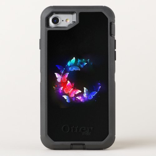 Glowing Neon Night Butterflies on Black background OtterBox Defender iPhone SE87 Case