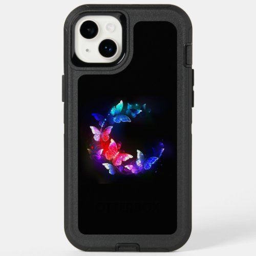 Glowing Neon Night Butterflies on Black background OtterBox iPhone 14 Plus Case