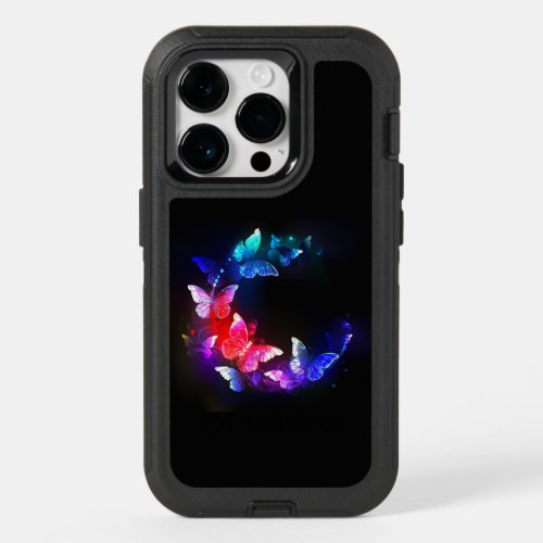 Glowing Neon Night Butterflies on Black background OtterBox iPhone 14 Pro Case