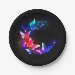 Glowing Neon Night Butterflies on Black background Paper Plates