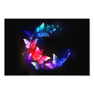 Glowing Neon Night Butterflies on Black background Photo Print