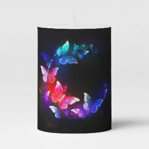 Glowing Neon Night Butterflies on Black background Pillar Candle