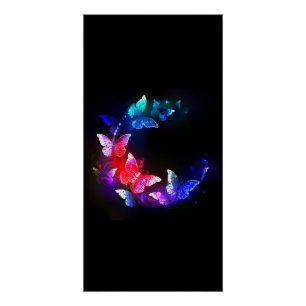 Glowing Neon Night Butterflies on Black background Poster