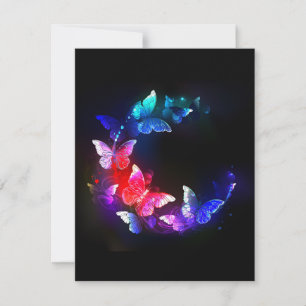 Glowing Neon Night Butterflies on Black background Save The Date