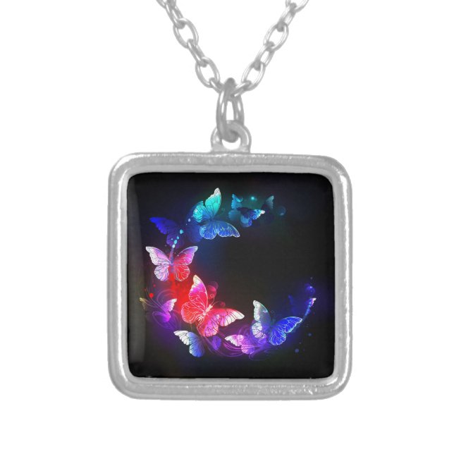 Glowing Neon Night Butterflies on Black background Silver Plated Necklace (Front)