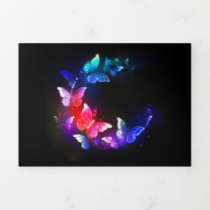 Glowing Neon Night Butterflies on Black background Tri-Fold Invitation