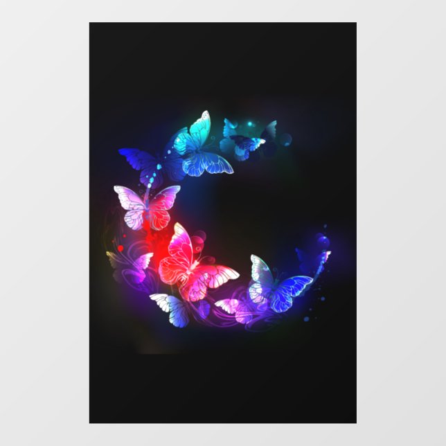 Glowing Neon Night Butterflies on Black background Window Cling (Sheet)