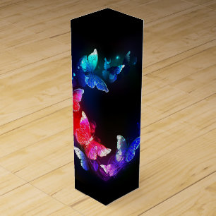 Glowing Neon Night Butterflies on Black background Wine Box