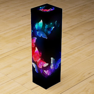 Glowing Neon Night Butterflies on Black background Wine Box