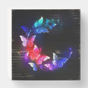 Glowing Neon Night Butterflies on Black background Wooden Box Sign