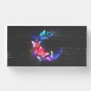 Glowing Neon Night Butterflies on Black background Wooden Box Sign