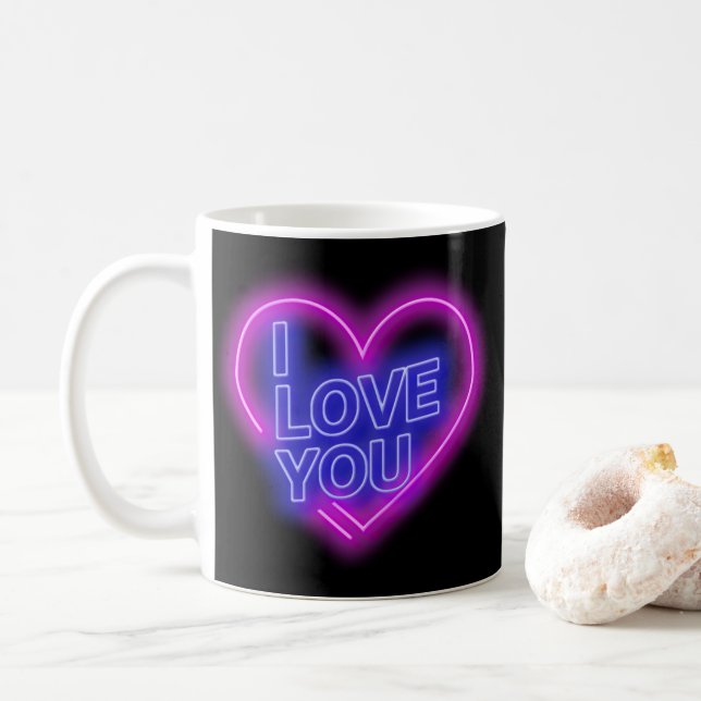 Glowing Neon Pink Blue Valentines Heart Coffee Mug (With Donut)