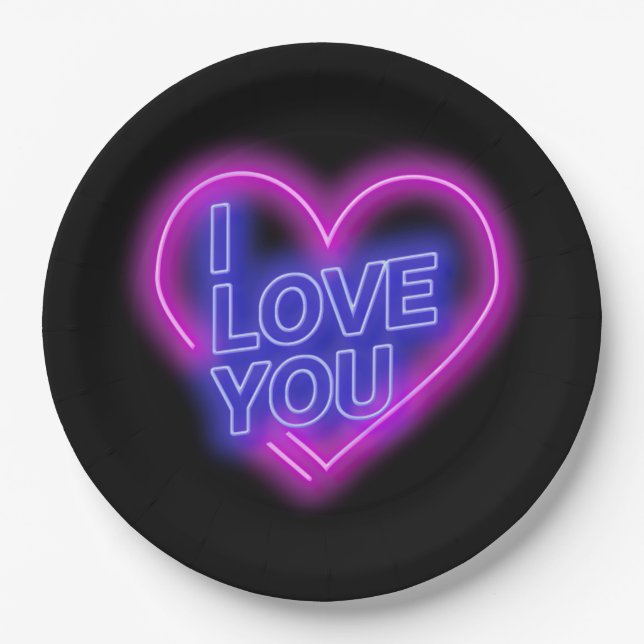 Glowing Neon Pink Blue Valentines Heart Large 9" Paper Plates (Front)