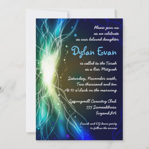 Glowing Neon Stars Bar Mitzvah Invitation blue