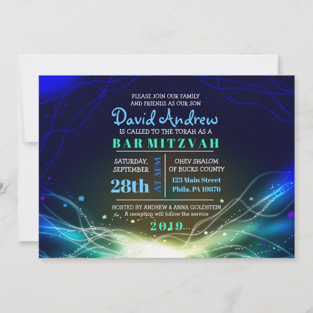 GLOWING NEON STARS Bar Mitzvah Invitation blue (Front)