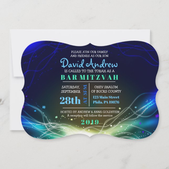 GLOWING NEON STARS Bar Mitzvah Invitation blue (Front)