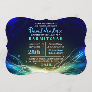 GLOWING NEON STARS Bar Mitzvah Invitation blue