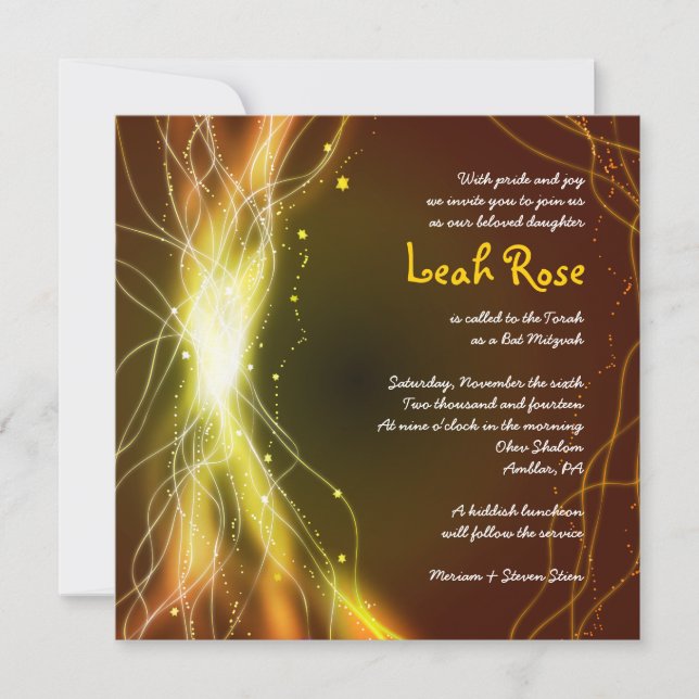 GLOWING NEON STARS Bat Mitzvah Invitation GOLD (Front)