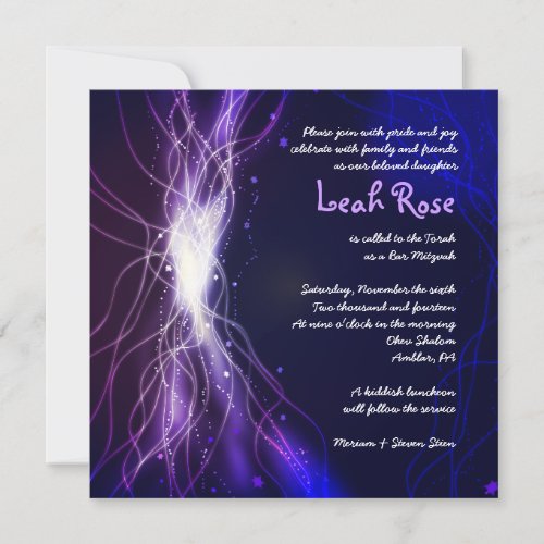 Glowing Neon Stars Bat Mitzvah Invitation purple