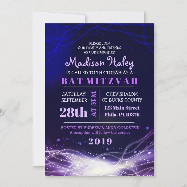 Glowing Neon Stars Bat Mitzvah Invitation Purple (Front)