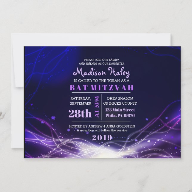 GLOWING NEON STARS Bat Mitzvah Invitation Purple (Front)