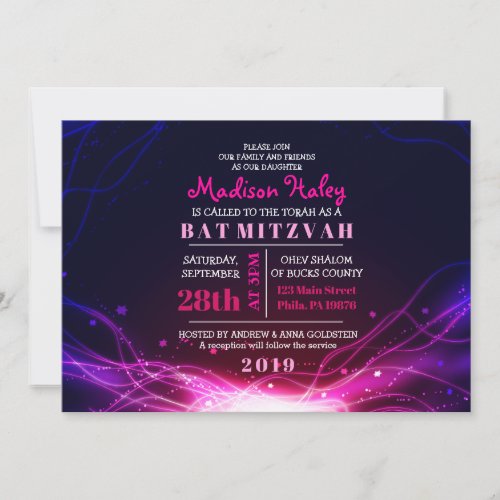 GLOWING NEON STARS FUSCHIA Bat Mitzvah Invitation