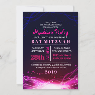 GLOWING NEON STARS FUSCHIA Bat Mitzvah Invitation