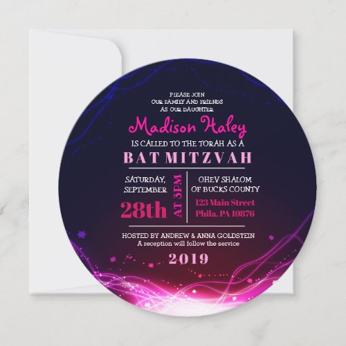 GLOWING NEON STARS FUSCHIA Bat Mitzvah Invitation