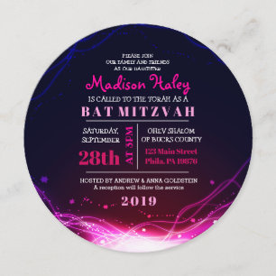 GLOWING NEON STARS FUSCHIA Bat Mitzvah Invitation
