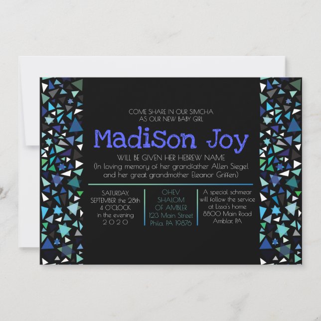 GLOWING NEON STARS Jewish Baby Naming Invitation (Front)