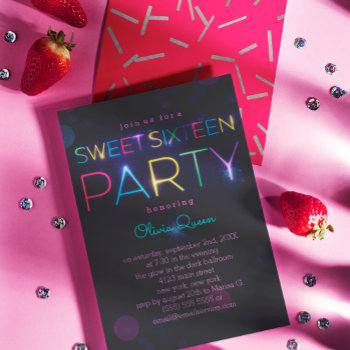 Glowing Neon Sweet Sixteen Party Invitation by Paperpaperpaper at Zazzle