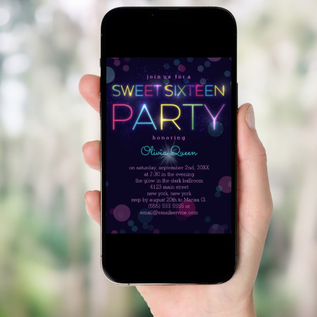 Glowing Neon Sweet Sixteen Party Invitation (Front Digital)