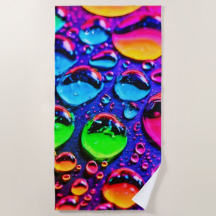 Glowing Neon Water Drops Art Beach Towel