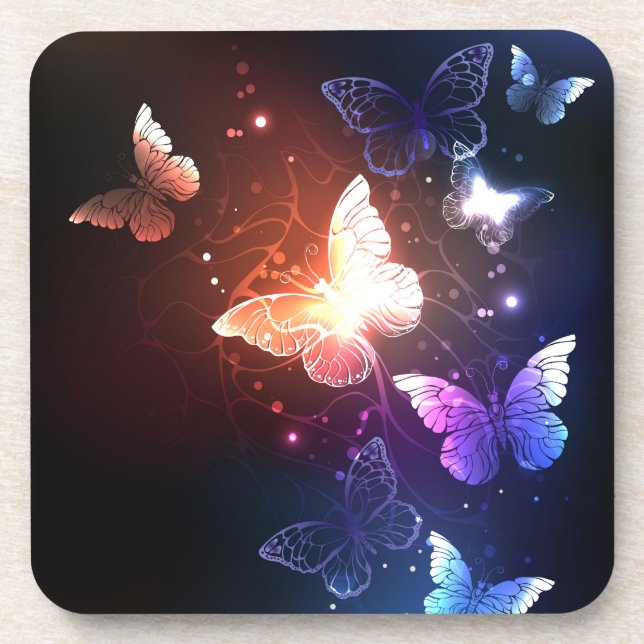 Glowing Night Butterflies Beverage Coaster (Front)